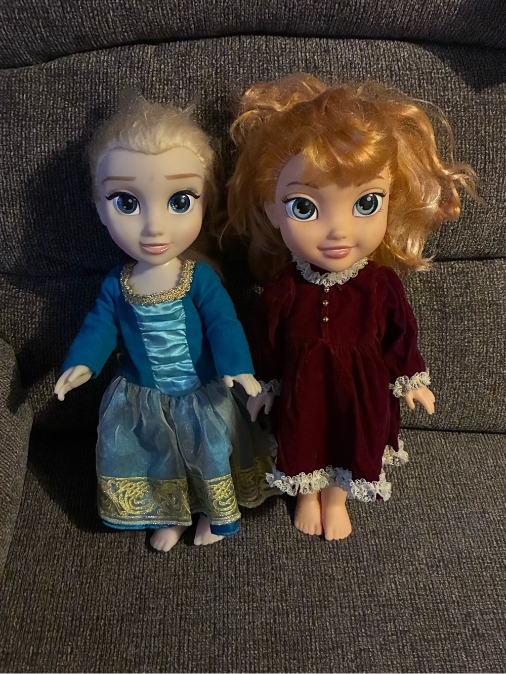 Pair of Princess Dolls in Blue and Burgundy Dresses